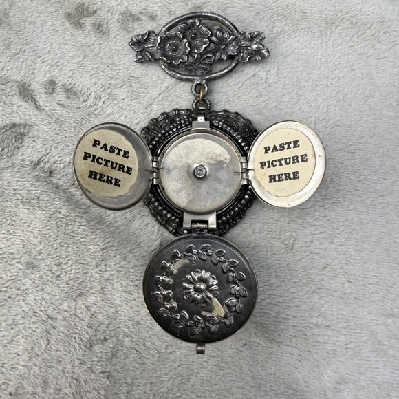 Vintage Victorian Revival Locket Brooch Silver Tone Heart